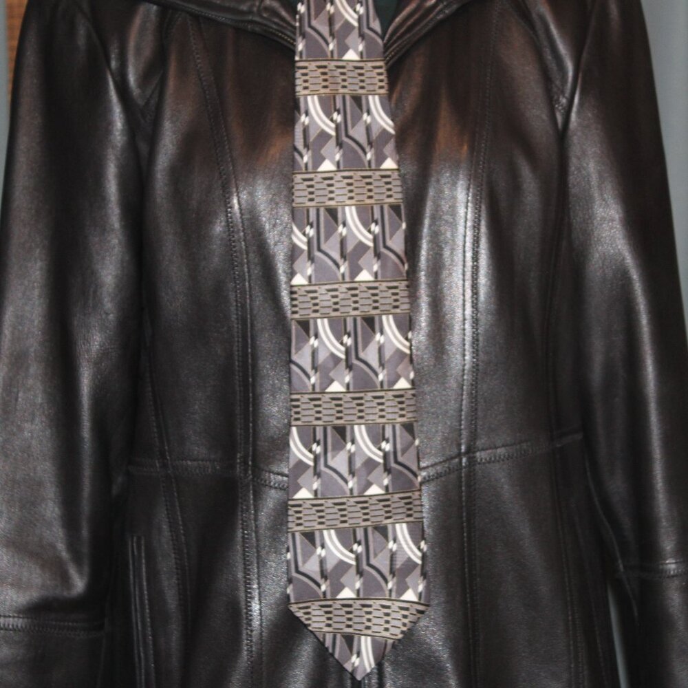 Domani 100% Italian Silk TIE VTG Art Deco black grey white silver